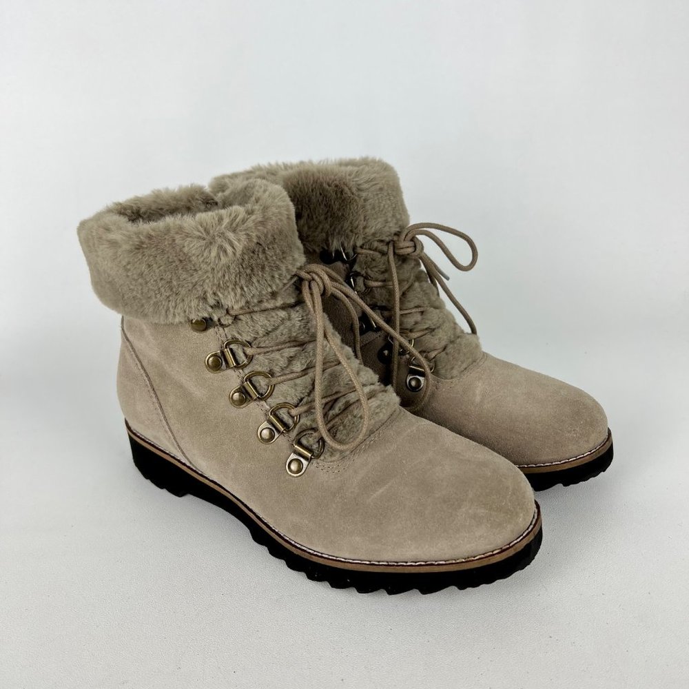 Blondo Rachel Womens Waterproof Suede Ankle Boot Faux Fur Trim Mushroom size 6